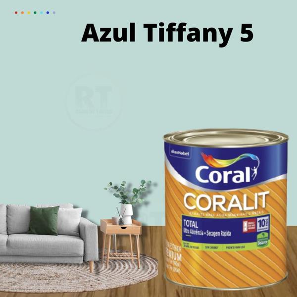 Imagem de Tinta Esmalte Sintético Base Água Cor Azul Tiffany 800ml Coral Coralit Total Zero Brilhante p/Madeiras e Metais e Pintura em Artesanato de MDF.