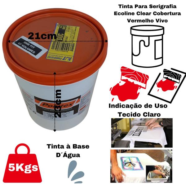 Imagem de Tinta Para Serigrafia Ecoline Clear Cobertura Vermelho Vivo TS 5kg Tecido Claro