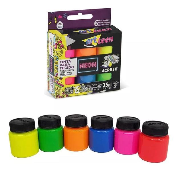 Imagem de Tinta para TECIDO NEON - 6 potes de 15ml ACRILEX - 040060000