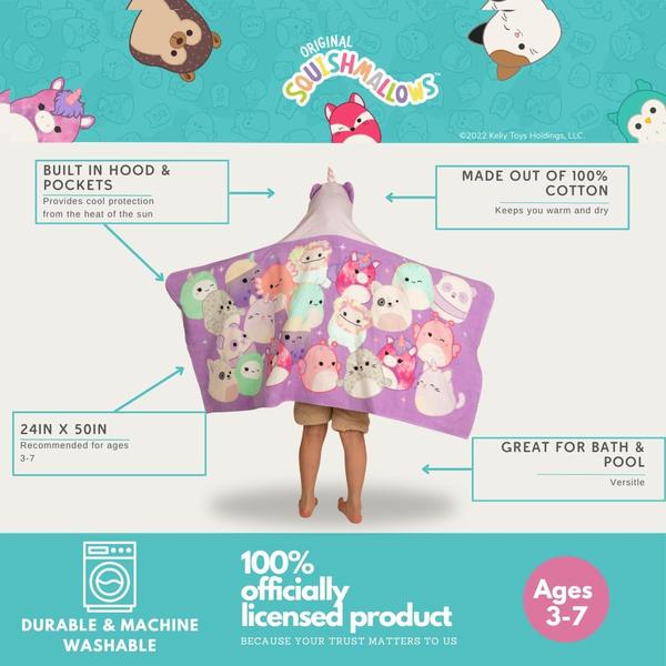 Toalha com capuz Franco Squishmallows Kids 60x120cm de algodão Imagem de Toalha com capuz Franco Squishmallows Kids 60x120cm de algodão