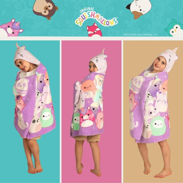 Toalha com capuz Franco Squishmallows Kids 60x120cm de algodão Imagem de Toalha com capuz Franco Squishmallows Kids 60x120cm de algodão