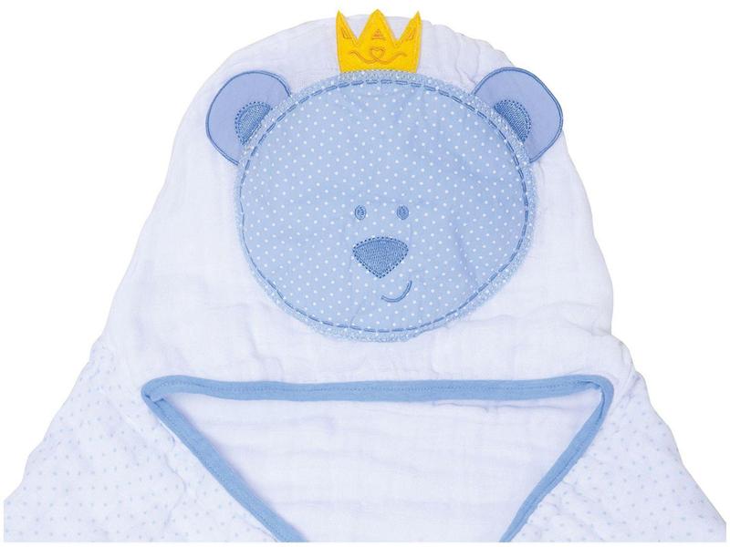 Imagem de Toalha de Banho Bebê com Capuz Bordada - 100% Algodão Azul Papi Toys Urso