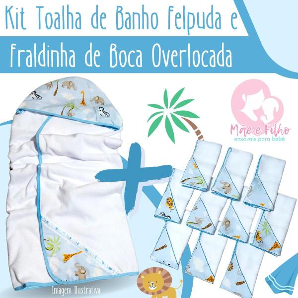 Imagem de Toalha de Banho Bebe Dupla Camada com Capuz e Forro Fralda + 11 Pano de Boca Bebe Dupla Camada Estampado 100% Algodão - Mãe e Filho Enxovais