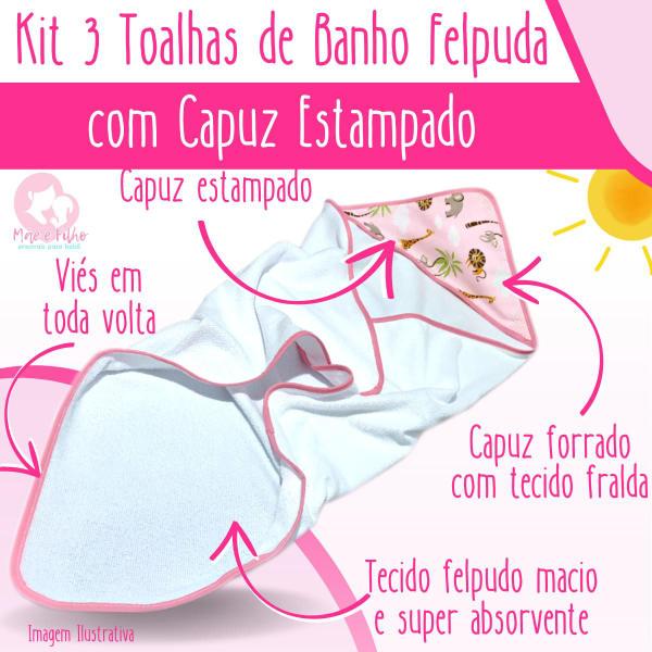 Imagem de Toalha de Banho Bebê Dupla Face com Capuz Estampado Forrado Super Absorvente 70x70 cm - Mãe e Filho Enxovais