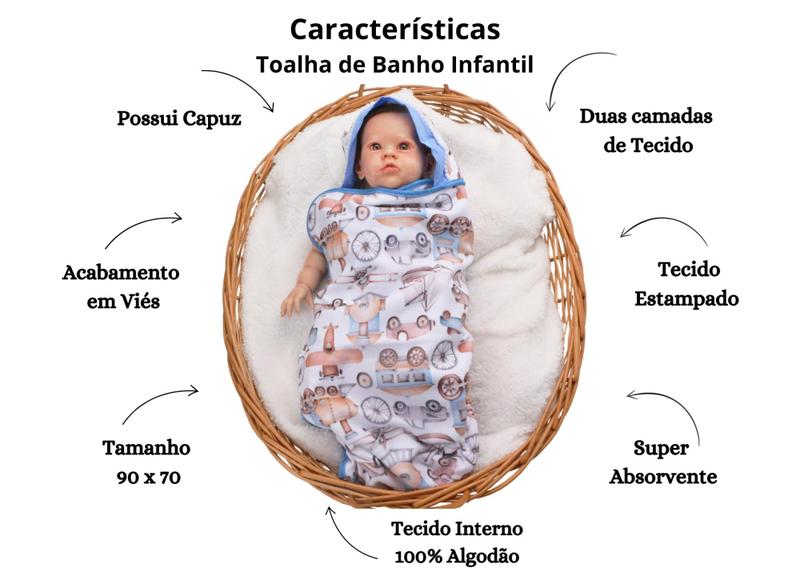 Imagem de Toalha de Banho com Capuz Infantil Estampada Para Bebê Menina Menino