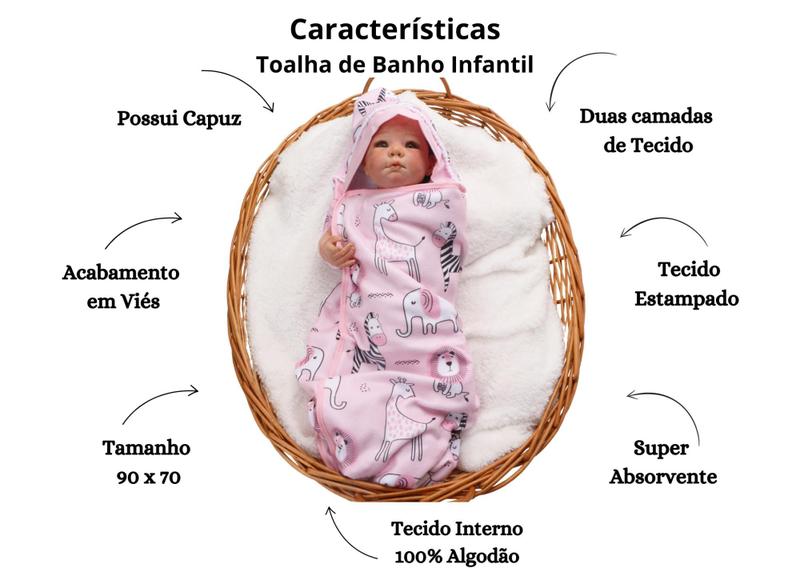 Imagem de Toalha de Banho com Capuz Infantil Estampada Para Bebê Menina Menino