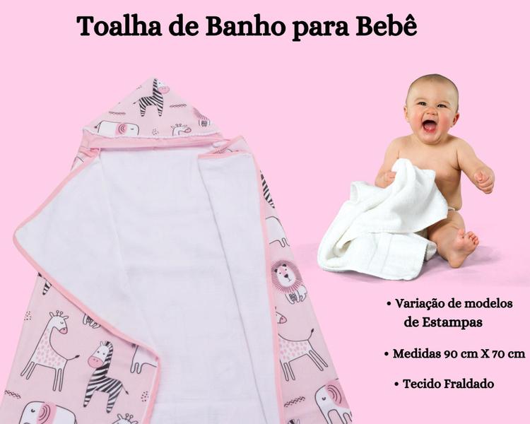 Imagem de Toalha de Banho com Capuz Infantil Estampada Para Bebê Menina Menino