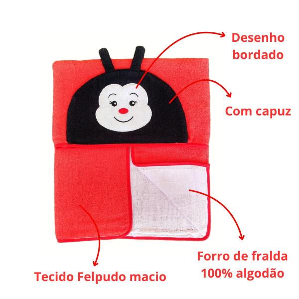 Imagem de Toalha de Banho Infantil Bebê Recém Nascido RN Felpuda Forrada de fralda bordada com capuz 100% algodão macia antialérgica bichinho joaninha