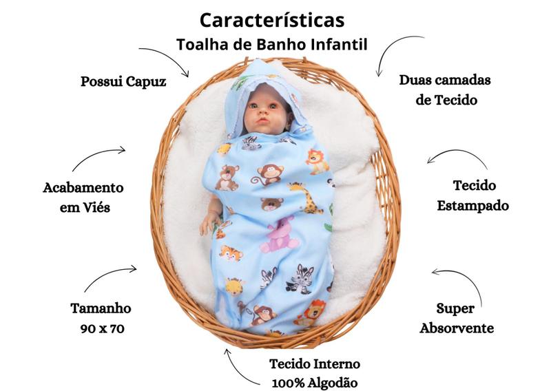 Imagem de Toalha De Banho Infantil Estampada C/ Capuz Para Bebê Menina Menino