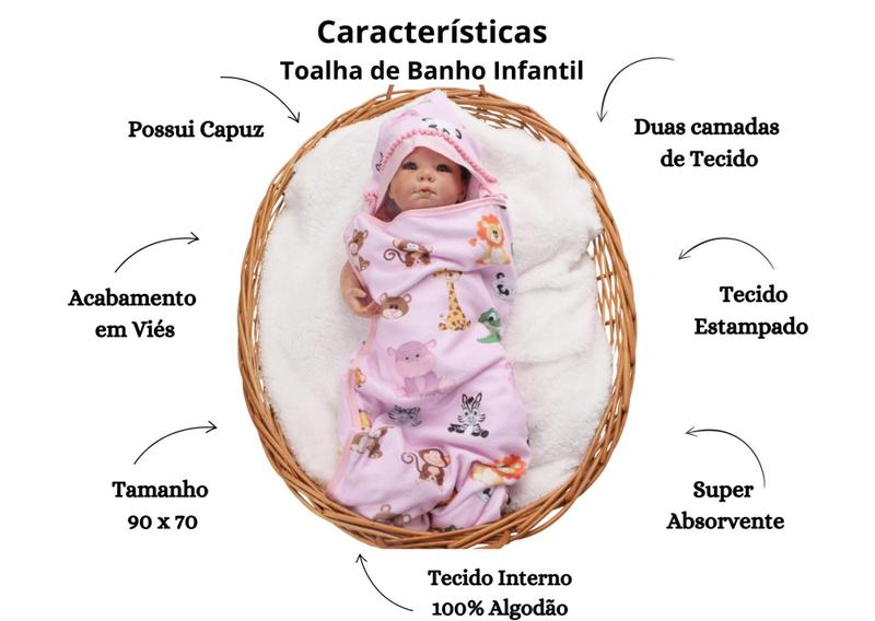 Imagem de Toalha De Banho Infantil Estampada C/ Capuz Para Bebê Menina Menino