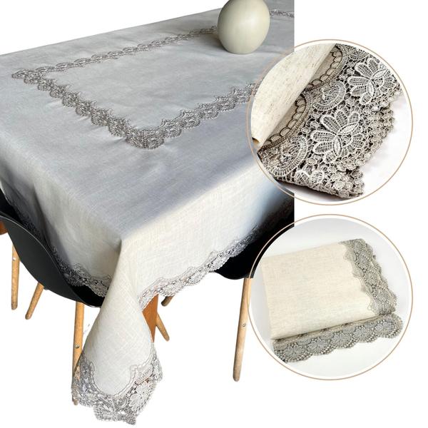 Toalha De Mesa 270X180Cm Cinza Rendada Linho Poliester - Inigual Imagem de Toalha De Mesa 270X180Cm Cinza Rendada Linho Poliester