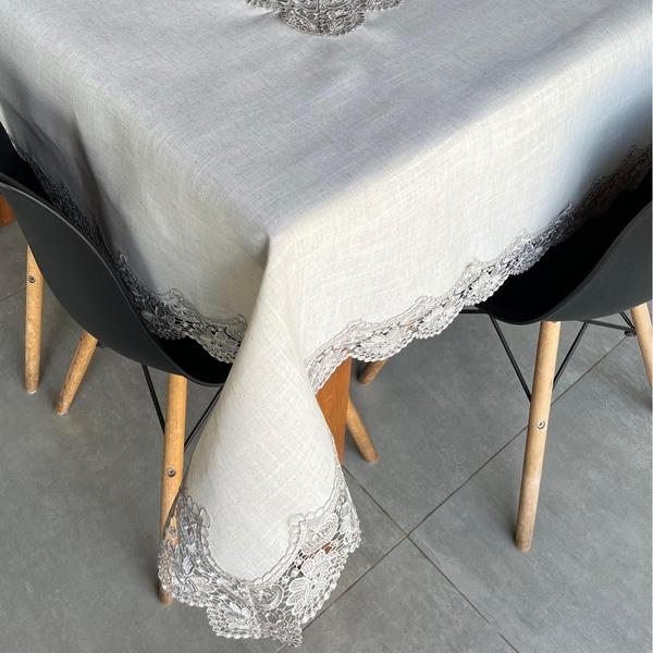 Toalha De Mesa 270X180Cm Cinza Rendada Linho Poliester - Inigual Imagem de Toalha De Mesa 270X180Cm Cinza Rendada Linho Poliester