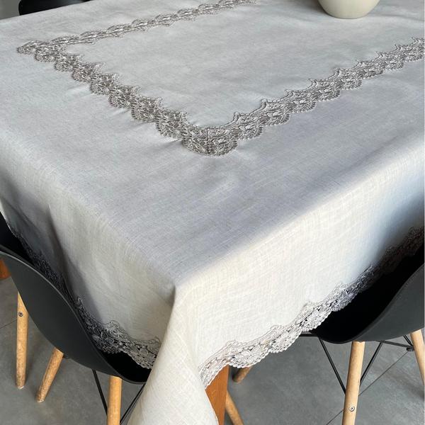 Toalha De Mesa 270X180Cm Cinza Rendada Linho Poliester - Inigual Imagem de Toalha De Mesa 270X180Cm Cinza Rendada Linho Poliester