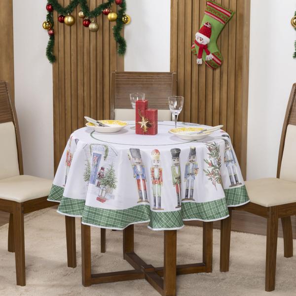 Imagem de Toalha de Mesa Enfeites de Natal p/ 4 Lugares Redonda 1,40 x 1,40m (Cozinha, Decoração, Sala)