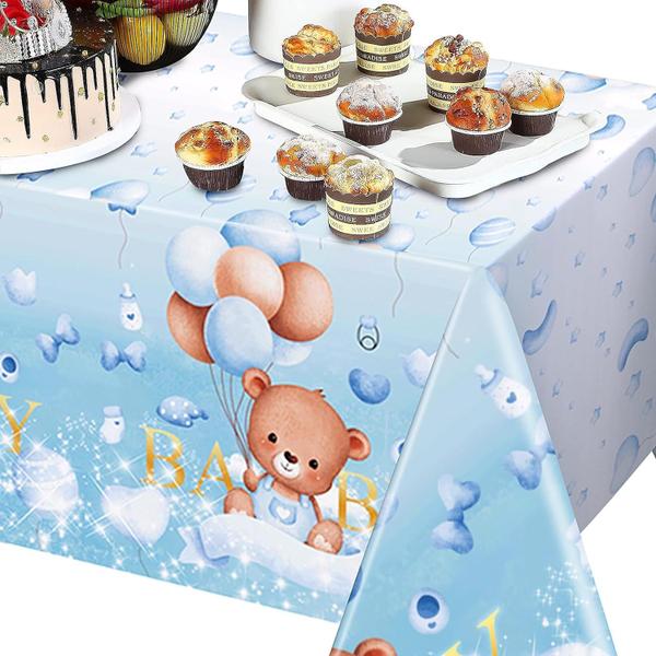 Imagem de Toalha de mesa FLUBARE Teddy Bear Baby Shower, pacote com 3, 137 x 274 cm, azul