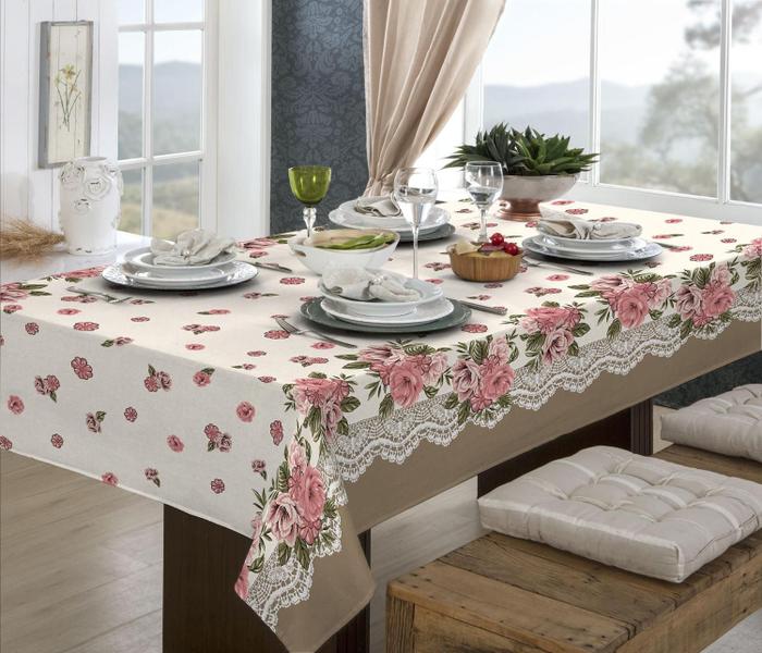 Imagem de Toalha De Mesa Linhão 6 Lugares Retangular Floral Bege