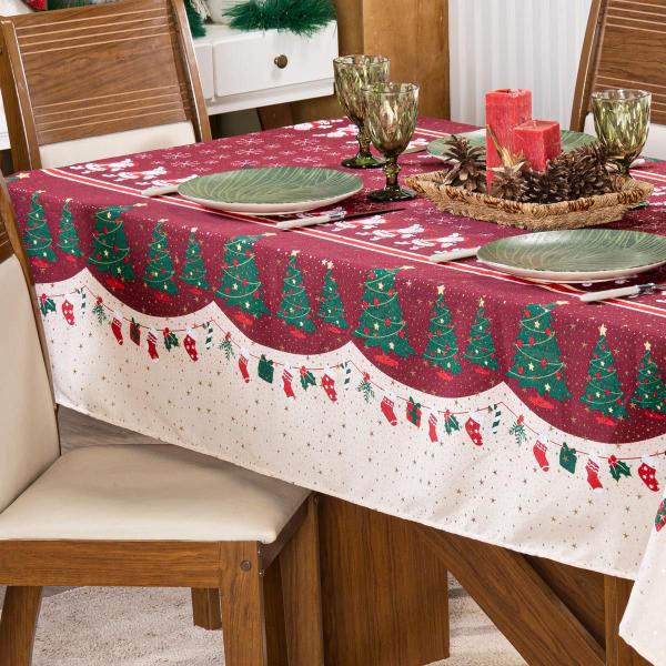 Imagem de Toalha de Mesa Quadrada 1,40m x 1,40m 4 Lugares Avulsa Estampada Natalina com Hotfix Estrelas em Alto Relevo - Decoração Natal Fim de Ano Cozinha