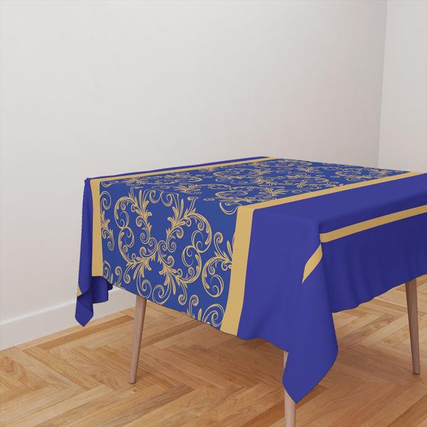 Imagem de Toalha De Mesa Quadrada 4 Lugares Tecido Oxford Arabesco Azul Linhas Douradas TL213 - 140x140cm