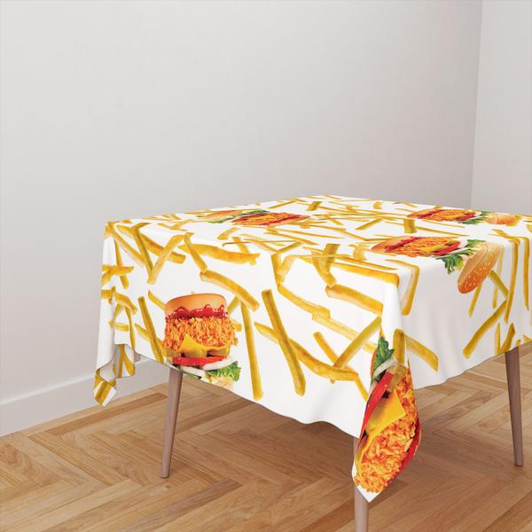 Imagem de Toalha De Mesa Quadrada 4 Lugares Tecido Oxford Chuva de Hambúrguers e Batatas Fritas - 140x140cm