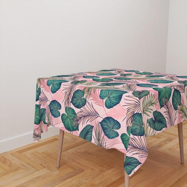 Imagem de Toalha De Mesa Quadrada 4 Lugares Tecido Oxford Folhagens Diversas Verde e Rosa TL212 - 140x140cm