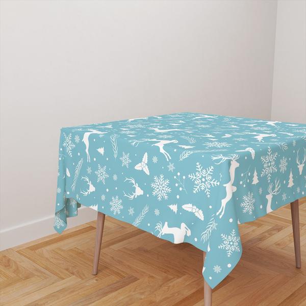 Imagem de Toalha De Mesa Quadrada 4 Lugares Tecido Oxford Renas Flocos de Neve Azul TL203 - 140x140cm