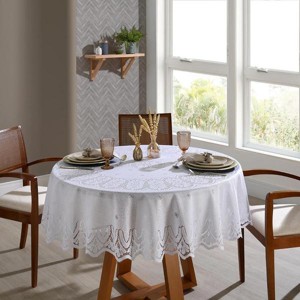 Toalha de Mesa Redonda 8 Lugares Renda Clássica Arabesco Interlar 180cm Branca Imagem de Toalha de Mesa Redonda 8 Lugares Renda Clássica Arabesco Interlar 180cm Branca