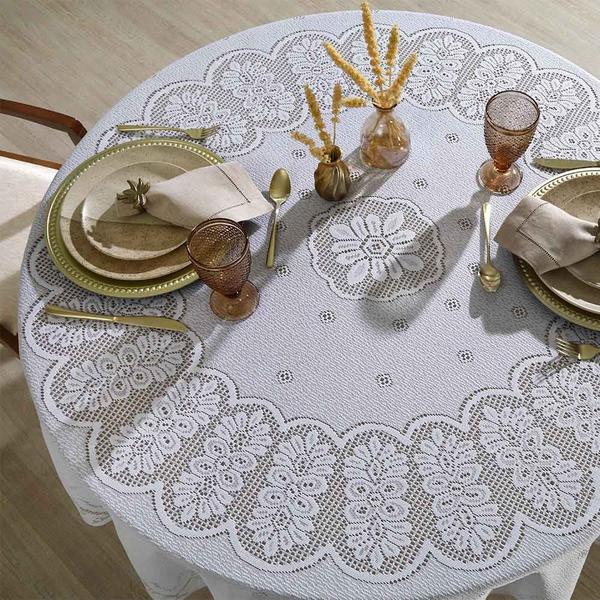 Toalha de Mesa Redonda 8 Lugares Renda Clássica Arabesco Interlar 180cm Branca Imagem de Toalha de Mesa Redonda 8 Lugares Renda Clássica Arabesco Interlar 180cm Branca