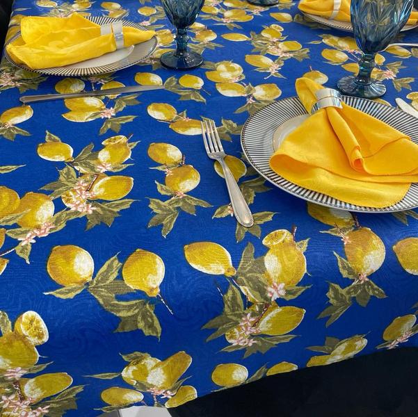 Imagem de Toalha de Mesa Redonda em Jacquard Limão Siciliano Funco Azul Royal - 1,40m