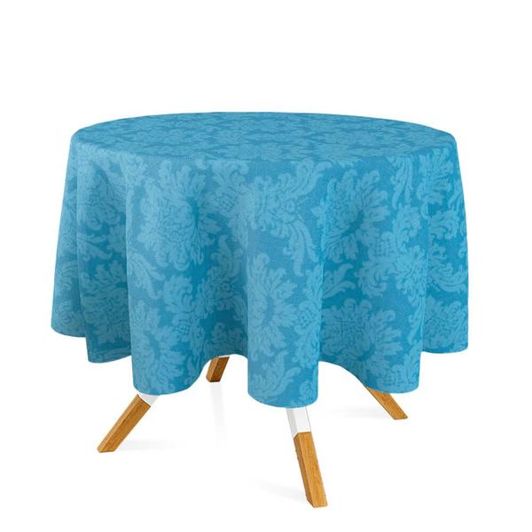 Imagem de Toalha de Mesa Redonda em Tecido Jacquard Azul Piscina Medalhão Tradicional