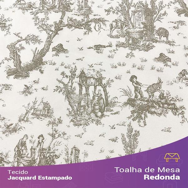 Imagem de Toalha de Mesa Redonda em Tecido Jacquard Estampado Toile de Jouy Bege