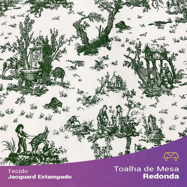 Imagem de Toalha de Mesa Redonda em Tecido Jacquard Estampado Toile de Jouy Verde