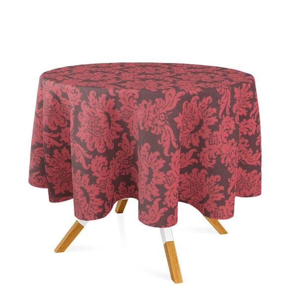 Imagem de Toalha de Mesa Redonda em Tecido Jacquard Marrom e Vermelho Medalhão Tradicional