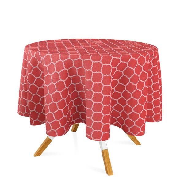 Imagem de Toalha de Mesa Redonda em Tecido Jacquard Vermelho e Branco Geométrico Tradicional