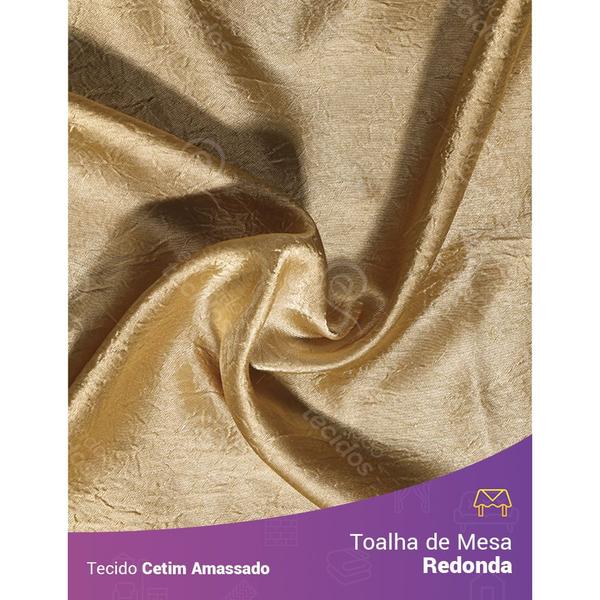 Toalha de Mesa Redonda para Buffet em Cetim Amassado Dourado Imagem de Toalha de Mesa Redonda para Buffet em Cetim Amassado Dourado