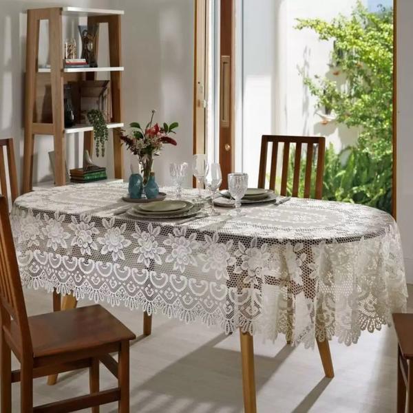 Imagem de Toalha de Mesa Renda Oval Branca Rosas 8 Lugares Interlar