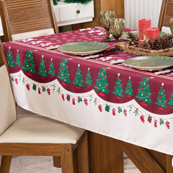 Imagem de Toalha de Mesa Retangular 2,20m x 1,40m 6 Lugares Avulsa Estampada Natalina - Decoração Natal Fim de Ano Cozinha Sala Jantar Ceia Festas