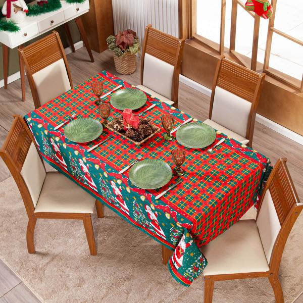 Imagem de Toalha de Mesa Retangular 2,50m x 1,40m 8 Lugares Avulsa Estampada Natalina com Hotfix Estrelas em Alto Relevo - Decoração Natal Fim de Ano Cozinha