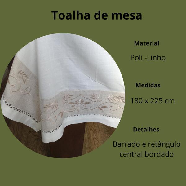 Toalha de Mesa Retangular 6 lugares 180x225cm Linho bordado - Rafimex Imagem de Toalha de Mesa Retangular 6 lugares 180x225cm Linho bordado - Rafimex