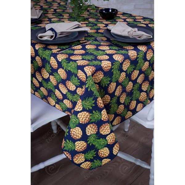 Imagem de Toalha de Mesa Retangular em Tecido Jacquard Estampado Abacaxi Amarelo fundo Marinho