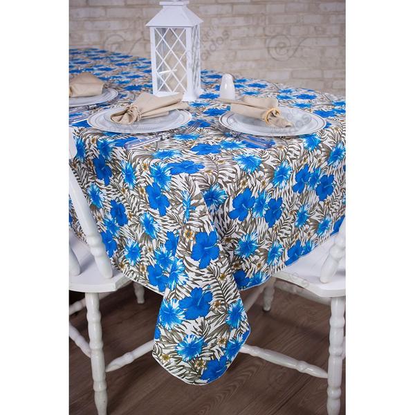 Imagem de Toalha de Mesa Retangular em Tecido Jacquard Estampado Hibisco Azul Fundo Branco