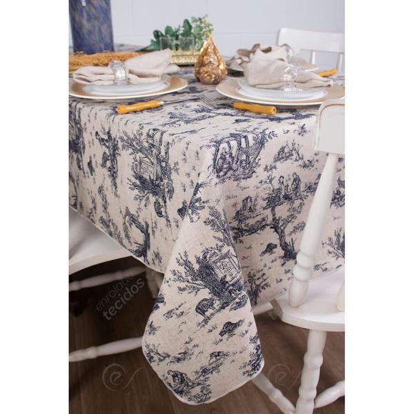 Imagem de Toalha de Mesa Retangular em Tecido Linho Estampado Toile de Jouy Azul