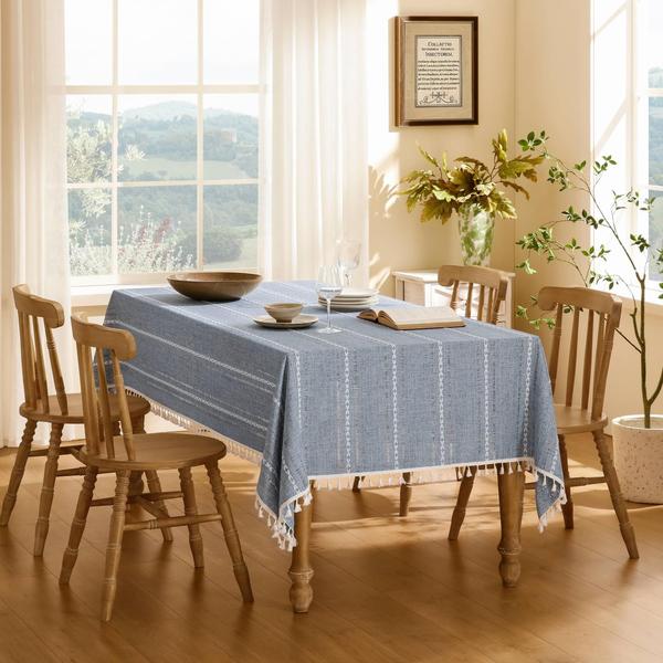 Toalha de mesa ZeeMart bordada à bainha listrada azul boho Imagem de Toalha de mesa ZeeMart bordada à bainha listrada azul boho
