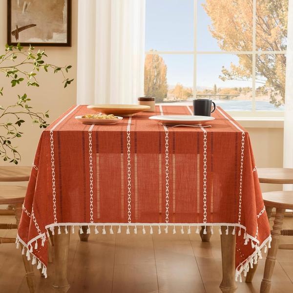 Toalha de mesa ZeeMart bordada à bainha listrada Boho 137x274cm Imagem de Toalha de mesa ZeeMart bordada à bainha listrada Boho 137x274cm