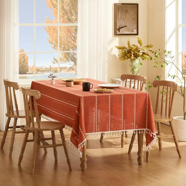 Toalha de mesa ZeeMart bordada à bainha listrada Boho 137x274cm Imagem de Toalha de mesa ZeeMart bordada à bainha listrada Boho 137x274cm