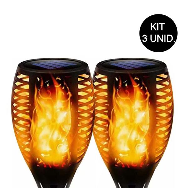 Imagem de Tocha Luminaria Solar Kit 3 unid. Espeto Fogo Chama Decoração Balizador Praia Lual Jardim Eventos 12 Leds