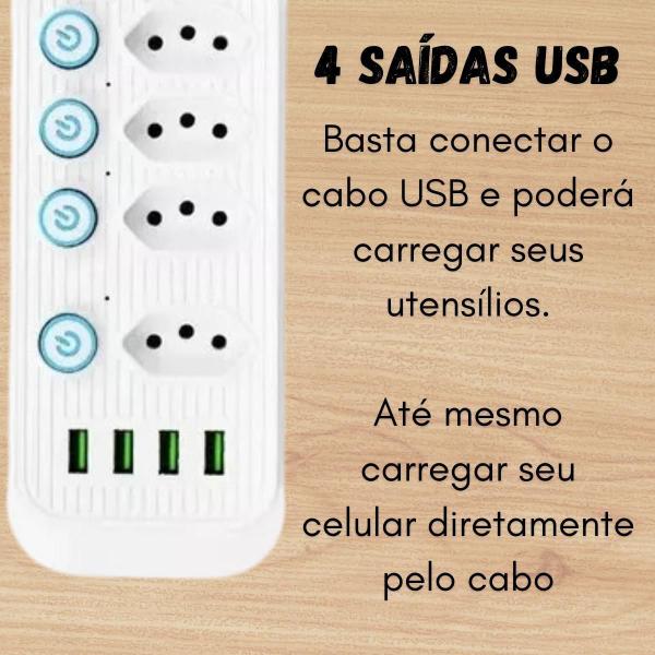 Imagem de Tomada De Alimentação 4 Entradas + 4 Ubs 2500W Cabo 2M