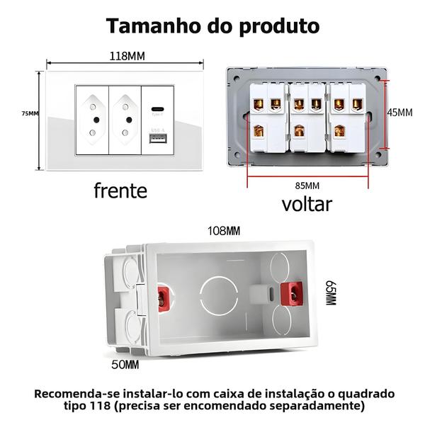 Imagem de Tomada de Parede 10A/20A com USB e Tipo-C - Painel de Vidro Temperado 2 Gangas