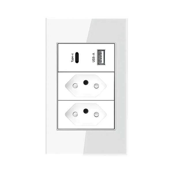 Imagem de Tomada de Parede 10A/20A com USB e Tipo-C - Painel de Vidro Temperado 2 Gangas