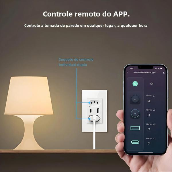 Imagem de Tomada de Parede Inteligente Brasileira 16A com USB e Tipo C - Controle Individual via Tuya/Zigbee/Wi-Fi