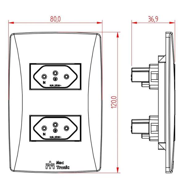 Imagem de Tomada Dupla 2P+T NBR 10A Petra Mec-Tronic com 10 Unidades